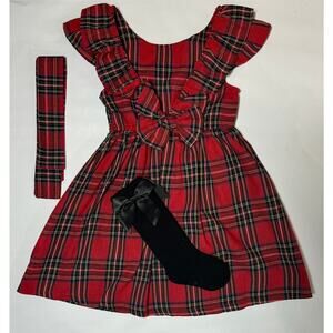 NEW Toddler Girls Christmas Set - Plaid Ruffle Trim Sleeveless Dress w/ Bow